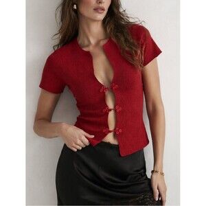 With Jean Ruby Top Women's Medium Red Short Sleeve Party Going Out Fitted Y2K